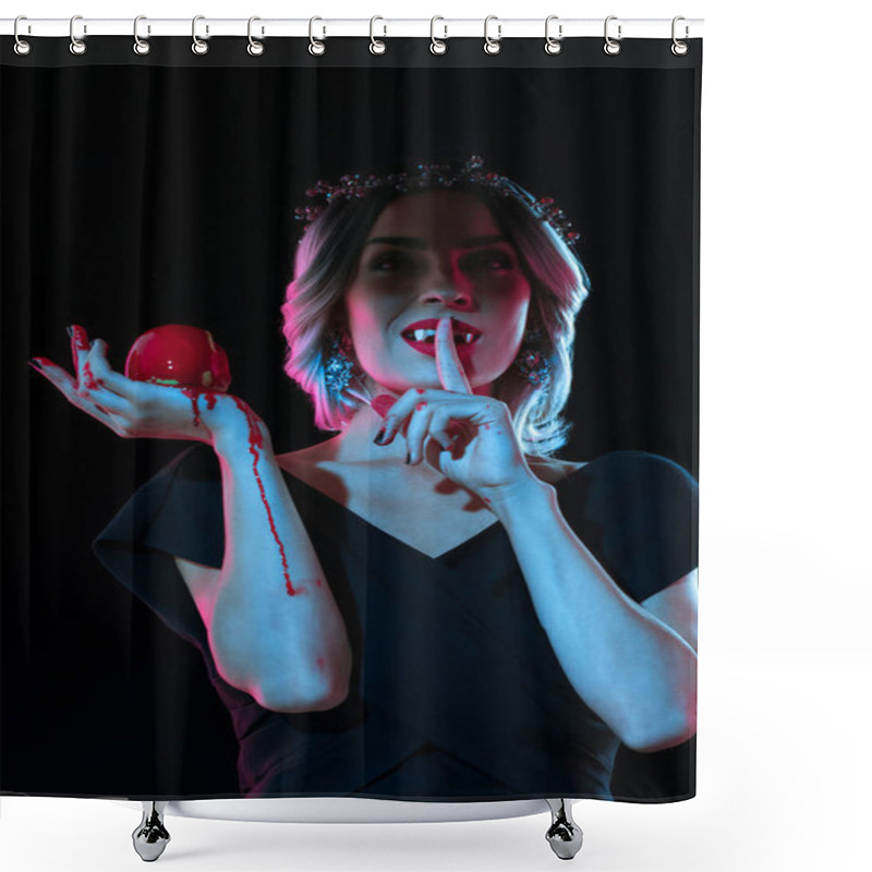 Personality  Vampire Woman With Red Bloody Apple Showing Silence Symbol Isolated On Black Shower Curtains