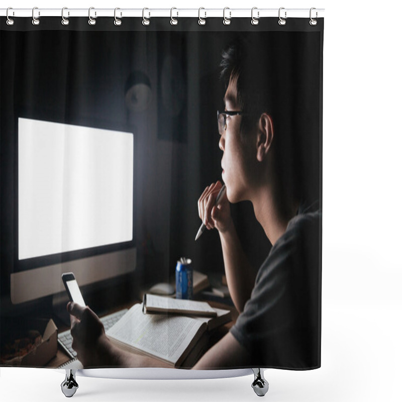 Personality  Pensive Man Studying With Blank Screen Computer And Smartphone Shower Curtains