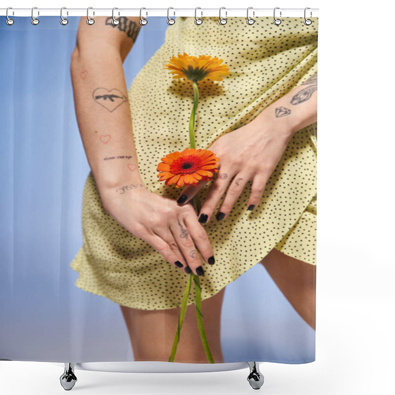 Personality  Woman In A Bright Yellow Dress Delicately Holds A Vibrant Flower, Embodying Beauty And Elegance. Shower Curtains