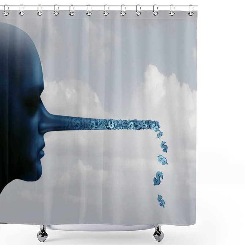 Personality  Business Lies And Financial Deception In Finance And Economic Dishonesty Concept As A Person With A Long Liar Nose Made Of Dollar Signs With 3D Illustration Elements. Shower Curtains