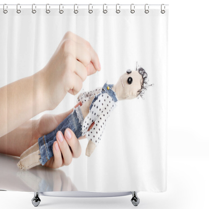 Personality  Voodoo Doll Boy In The Hands Of Women Isolated On White Shower Curtains