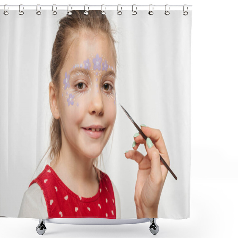 Personality  Cropped View Of Artist Holding Paintbrush Near Cute Kid With Floral Painting On Face Isolated On White Shower Curtains