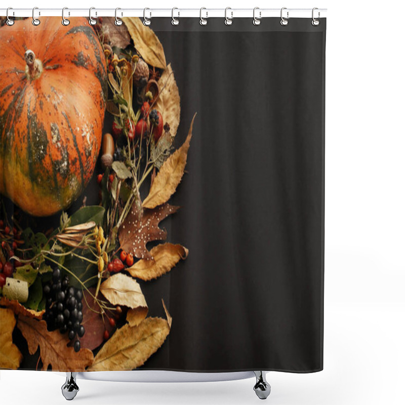 Personality  Pumpkin In Autumn Leaves Wreath, Berries, Nuts, Acorns, Flowers,herbs On Dark Background, Isolated. Seasons Greetings. Space For Text. Happy Thanksgiving Concept Shower Curtains