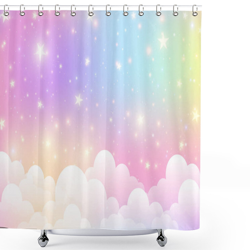 Personality  Cloudy Sky Background. Unicorn Fantasy Pastel Galaxy. Rainbow Cute Wallpaper. Fluffy Magic Pink Landscape. Vector Illustration. Shower Curtains