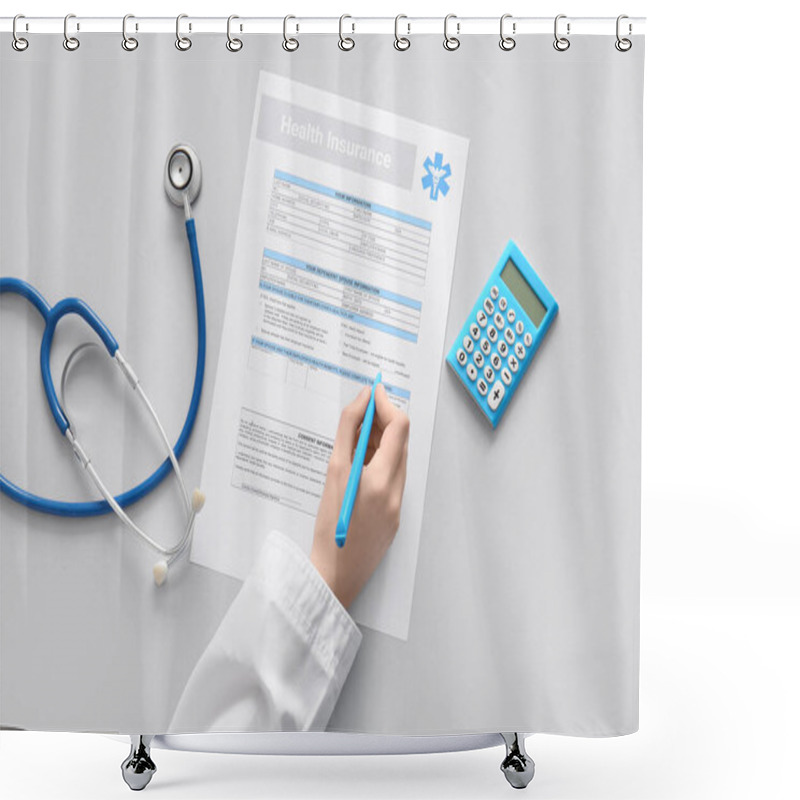 Personality  Doctor Hand Filling Health Insurance Form Near Stethoscope And Calculator On White Background Shower Curtains