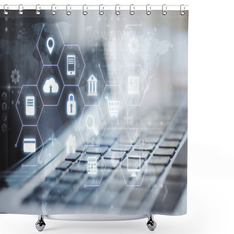 Personality  Close Up Of Laptop On Office Desktop And Abstract Glowing Digital Icons Hologram On Blurry Background. Digital Transformation And Technology Concept. Double Exposure Shower Curtains