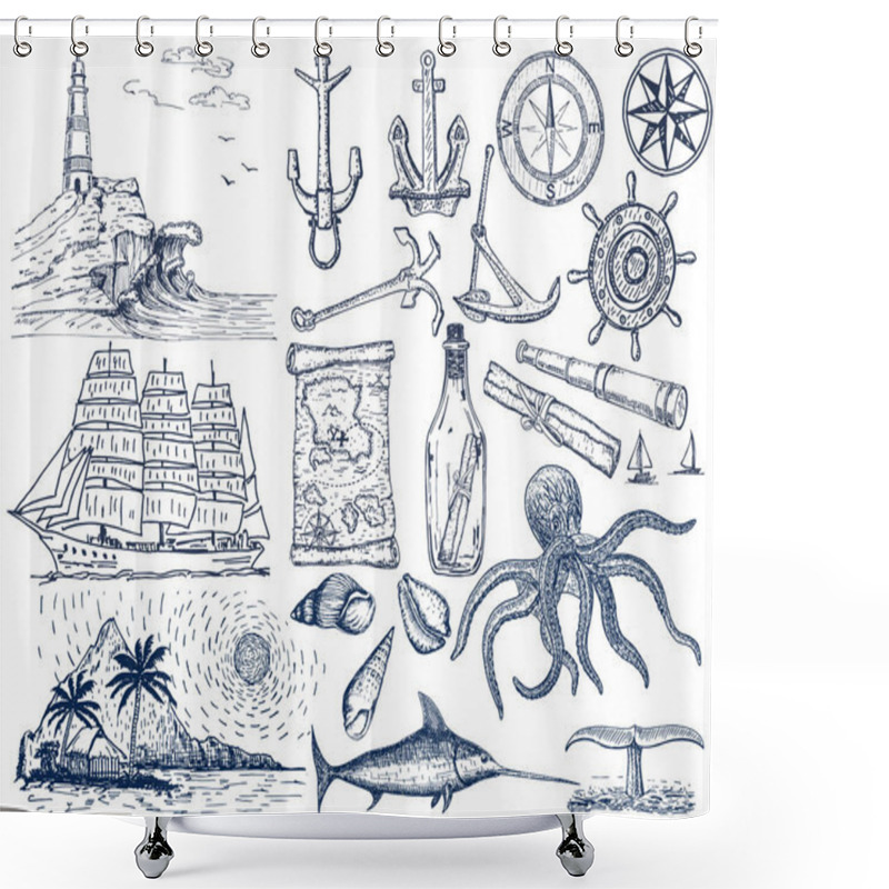 Personality  Nautical Hand Drawn Vector Set. Sailing Sketch. Vector Marine Objects. Isolated On A White Background. Shower Curtains