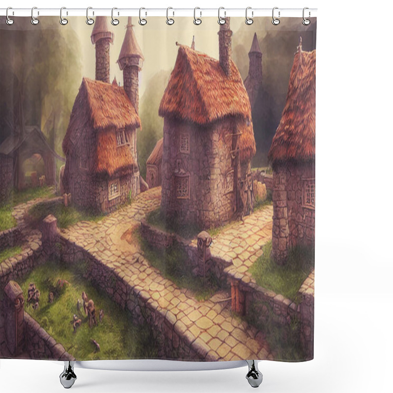 Personality  3D Render Of Fantasy Medieval Village With A Lot Of Buildings. Digital Illustration Design For Game Art Background, Storybook, Wallpaper Shower Curtains