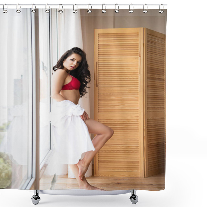 Personality  Sexy Girl In Red Underwear And White Shirt Standing Near Room Divider And Looking At Camera Shower Curtains