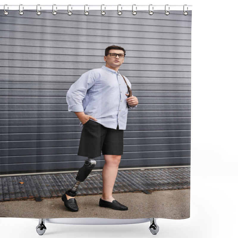 Personality  Handsome Young Man Stands Stylishly With A Prosthetic Leg, Exuding Confidence And Poise. Shower Curtains