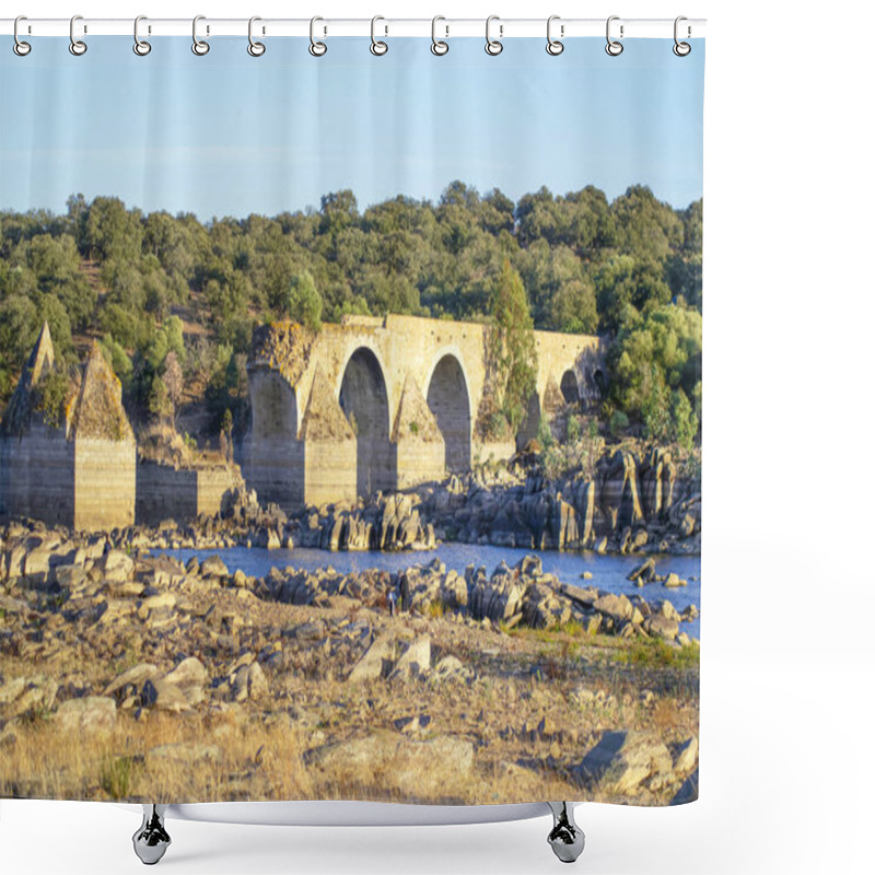 Personality  Stone River Bank With A Collapsed Old Bridge Shower Curtains