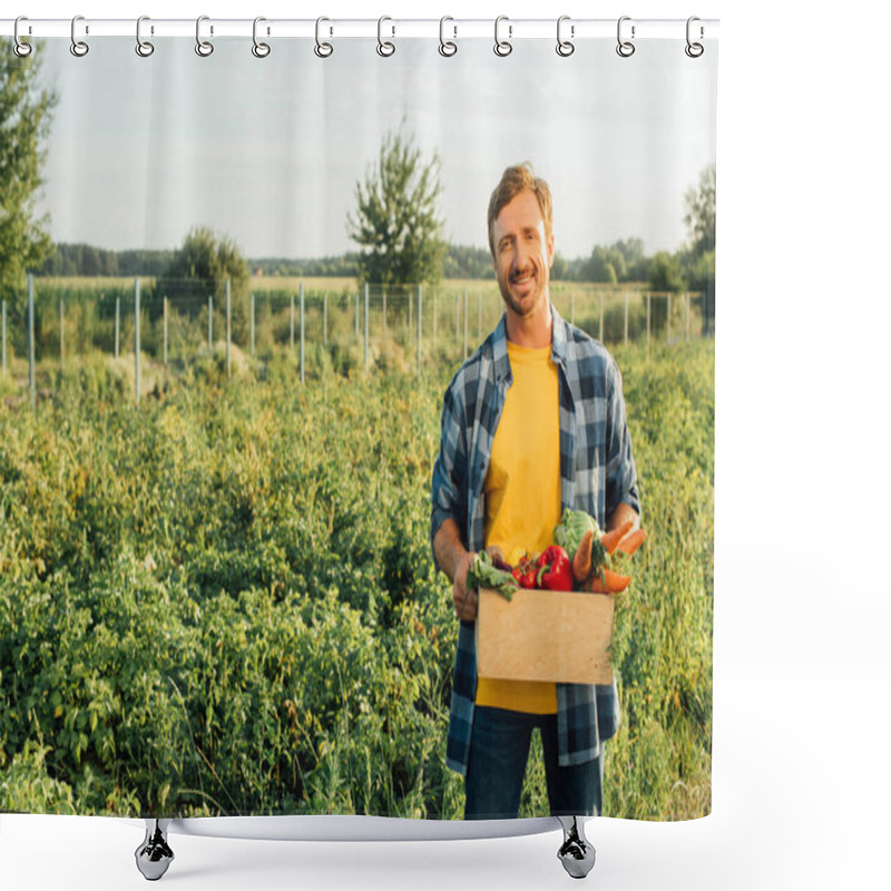 Personality  Rancher In Plaid Shirt Holding Box With Fresh Vegetables While Standing On Plantation  Shower Curtains