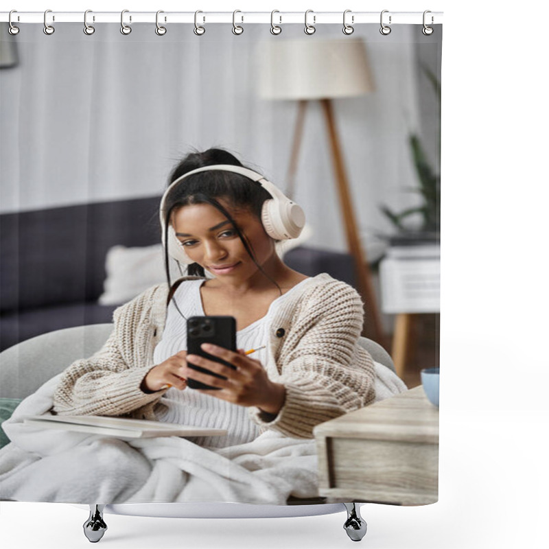 Personality  In A Cozy Living Room, A Young Woman Focuses On Her Studies, Enjoying Remote Learning. Shower Curtains