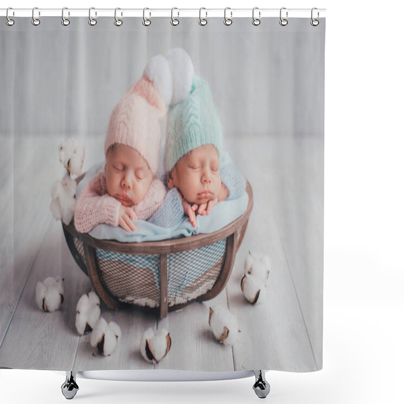 Personality  Twins Are Newborn Brother And Sister. Newborn Girl And Boy. Hats With White Fur Balls Sleep Sweetly In A Basket. Shower Curtains