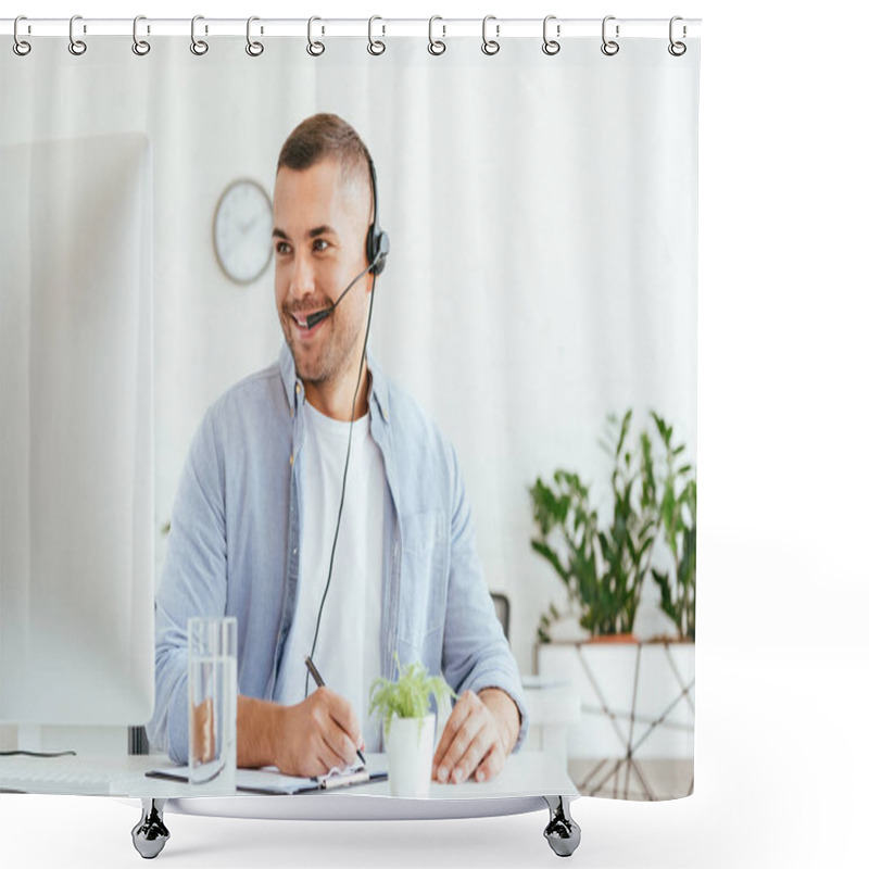 Personality  Cheerful Broker In Headset Looking At Computer Monitor And Holding Pen  Shower Curtains