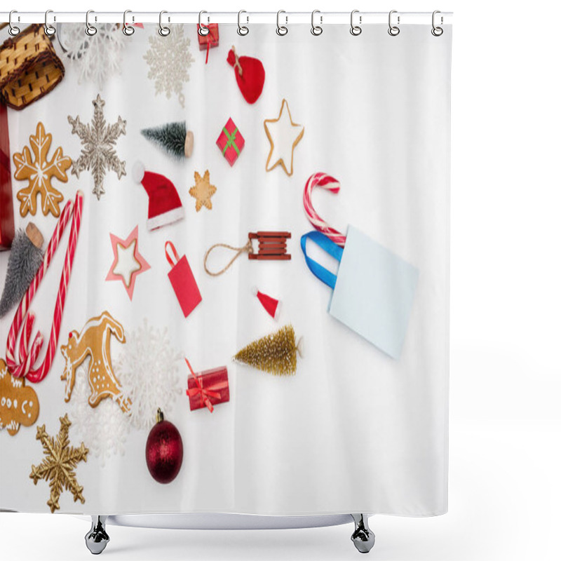 Personality  Top View Of Different Christmas Baubles, Candy Canes And Cookies On White Background Shower Curtains