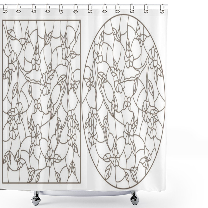 Personality  Set Of Contour Illustrations In Stained Glass Style With Branches Of A Flowering Tree And Butterflies, Dark Outlines On A White Background Shower Curtains