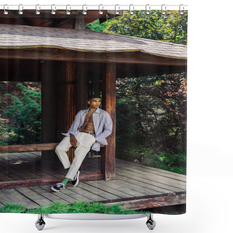 Personality  African American Man In White Trousers And Blue Shirt Posing On Wooden Terrace In Park Shower Curtains