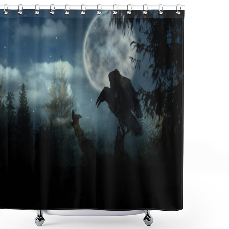 Personality  Creepy Black Crow In Scary Dark Forest On Full Moon Night Shower Curtains