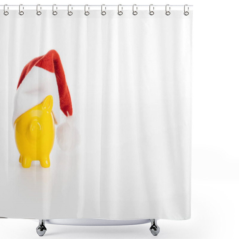 Personality  Yellow Piggy Bank In Santa Hat Isolated On White Background Shower Curtains