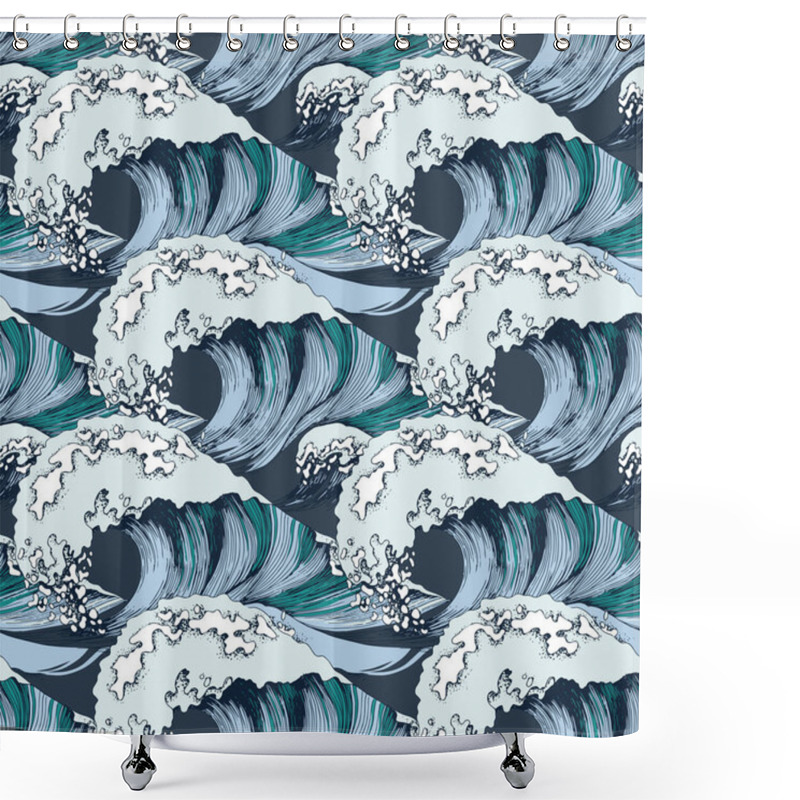 Personality  Hand Drawn Seamless Pattern With Sea Waves Shower Curtains