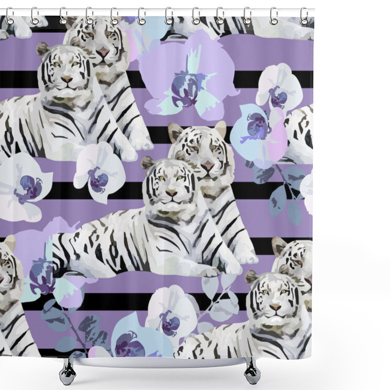 Personality  White Tigers And Flowers Shower Curtains