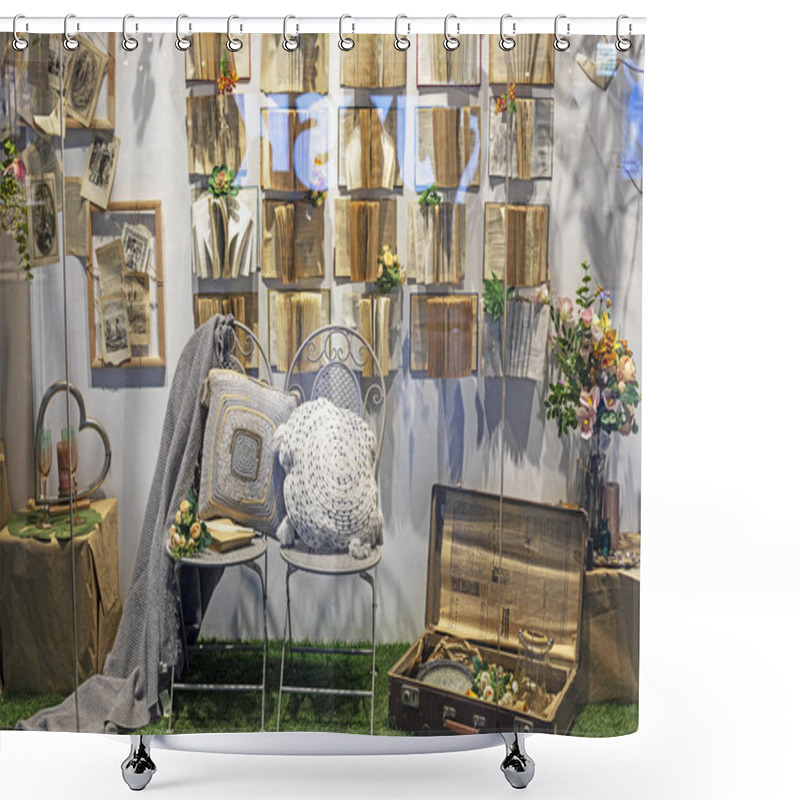 Personality  Stylish Retro Interior With Paper Books, Suitcase And Flowers Shower Curtains