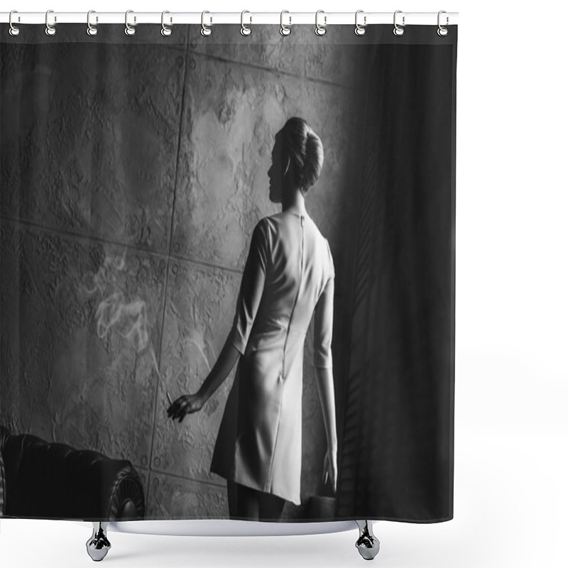 Personality  Black And White Shot Of Attractive Young Woman In Dress In Front Of Concrete Wall Shower Curtains