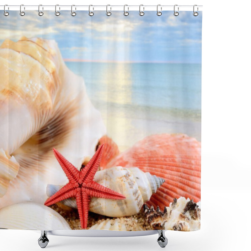 Personality  Sea Star And Shells On The Sandy Beach Shower Curtains