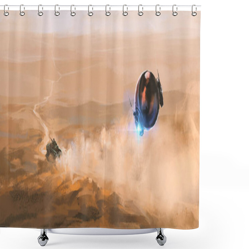 Personality  Alien Tracker Chases Humans In The Desert, Digital Painting, 3D Illustration. Shower Curtains