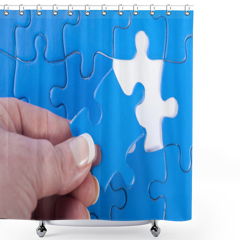 Personality  Woman's Hand Placing Missing Piece In Jigsaw Puzzle  Signifying  Shower Curtains