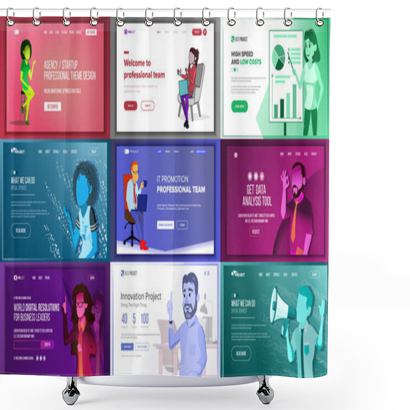 Personality  Main Web Page Set Design Vector. Website Business Reality. Landing Template. Creative Project. Information Tools. Financial Mining. Partner Option. Illustration Shower Curtains