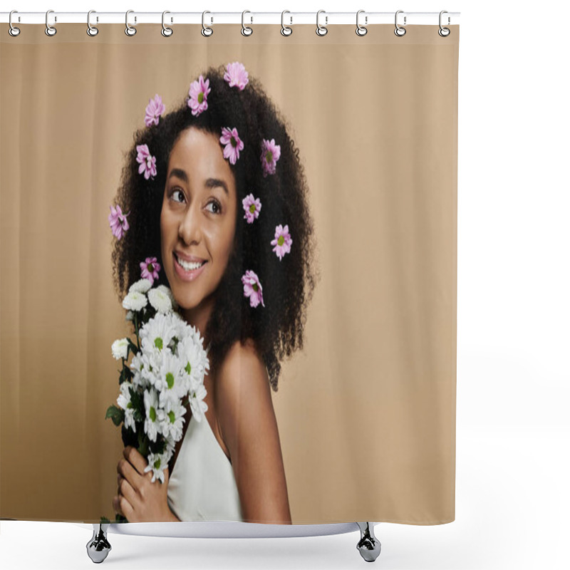 Personality  An African American Woman With Natural Makeup Smiles And Holds A Bouquet While Wearing Pink Flowers In Her Hair. Shower Curtains