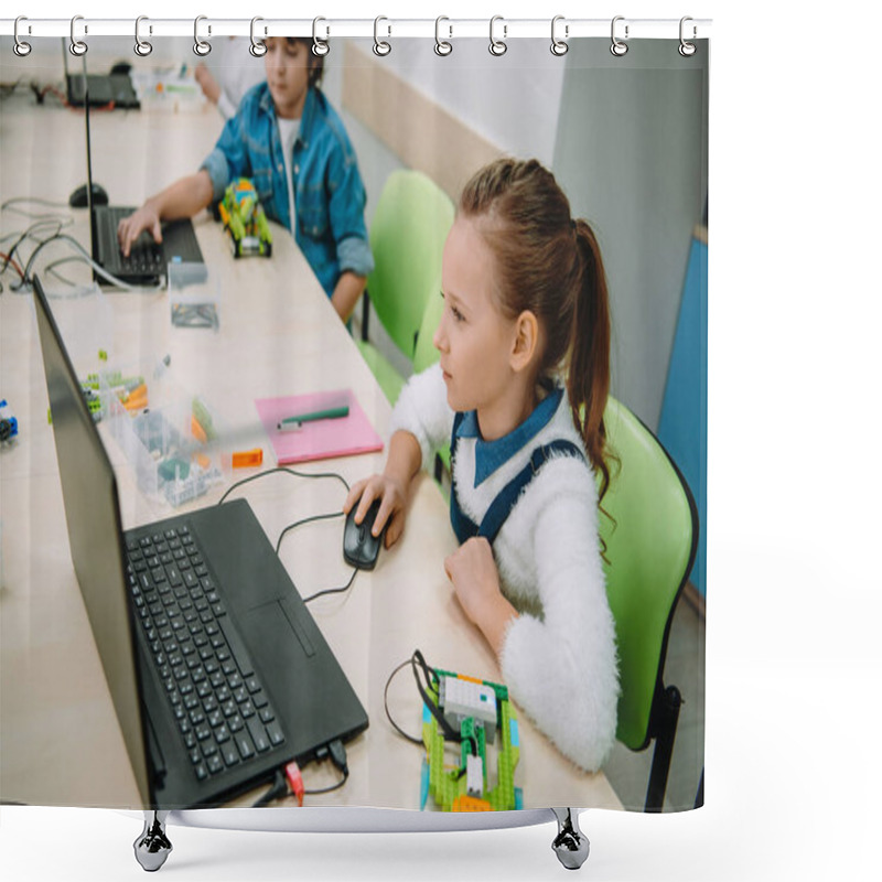 Personality  Little Girl Programming Her Diy Robot With Laptop, Stem Education Concept Shower Curtains