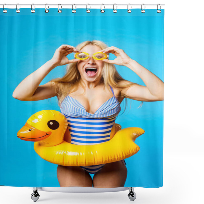 Personality  Image Of Screaming Blonde In Striped Swimsuit, Swimming Goggles With Lifebuoy Duckling At Waist On Empty Blue Background Shower Curtains