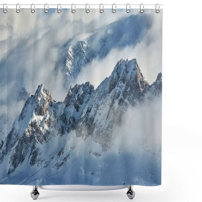 Personality  Winter High Mountain Landscape Covered In Clouds And Snow, Jagged Rock Ridge Formations Shower Curtains