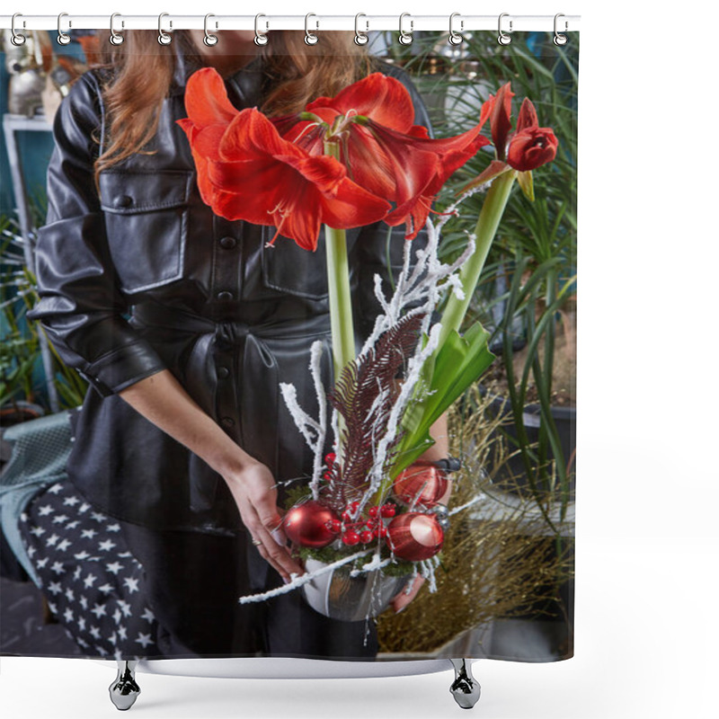 Personality  Woman Holding A Beautiful Colourful Blossoming Flower Bouquet. Fresh, Lush Bouquet Of Colorful Flowers. Shower Curtains