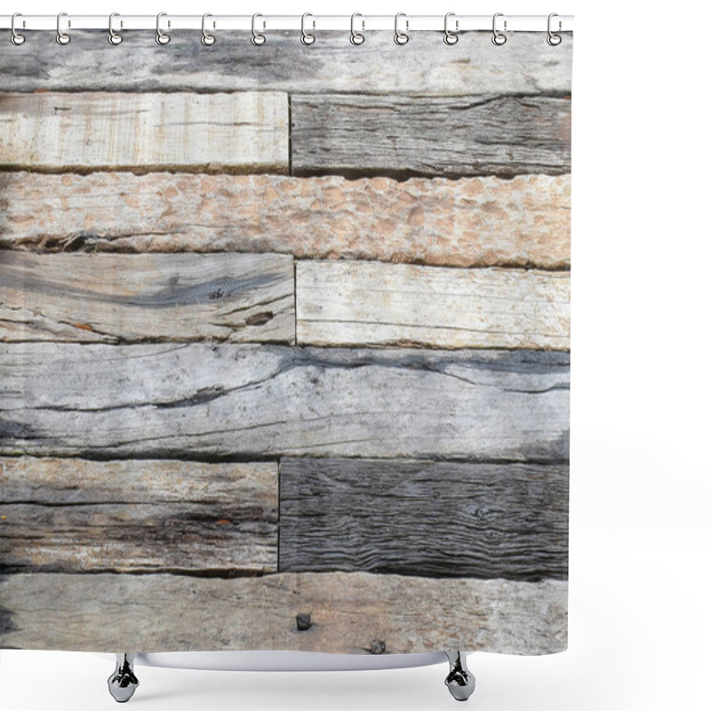 Personality  Pattern Of Natural Timber On The Floor- Gray And Brown Weathered Sawed Wood Log With Cracks, Natural Texture Background Shower Curtains