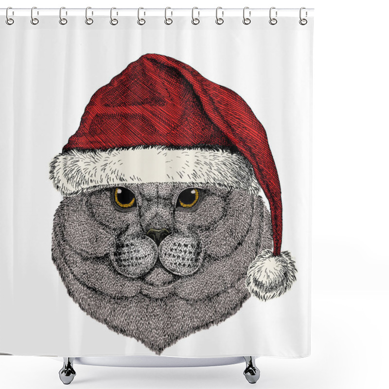 Personality  British Shorthair Cat Animal Cute Face. Christmas Winter Animal. Red Santa Claus Hat. Vector Happy Silver British Kitten Head Portrait. Shower Curtains