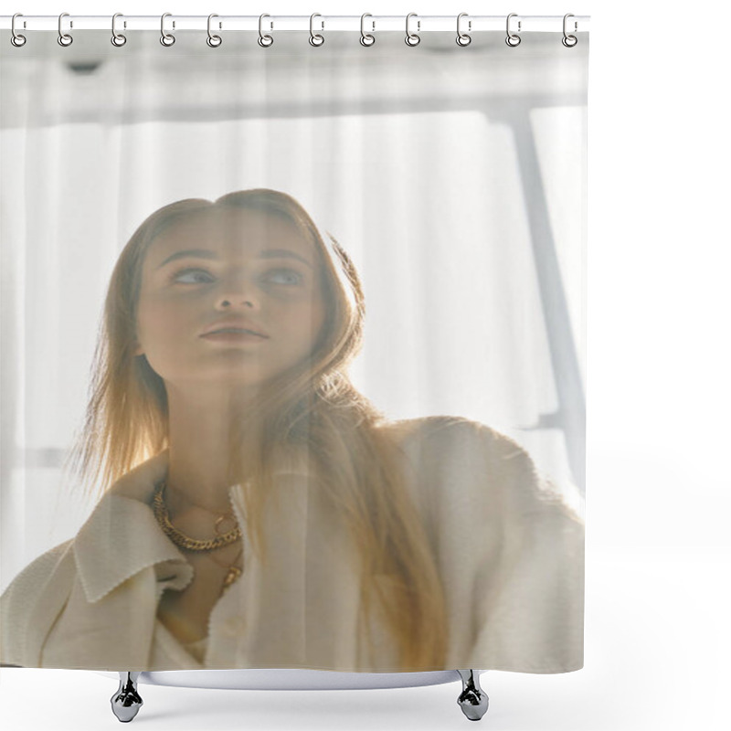 Personality  A Young Woman In Elegant Attire Looks Out A Window, Bathed In Soft Sunlight. Shower Curtains