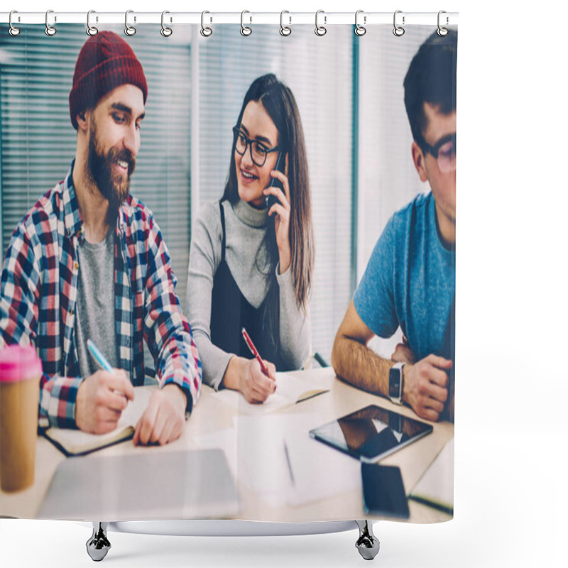 Personality  Positive Colleagues Dressed In Casual Wear Laughing While Collaborating On Project In Office.Successful Young Woman Calling On Smartphone And Cooperating With Smiling Male Employee While Making Notes Shower Curtains