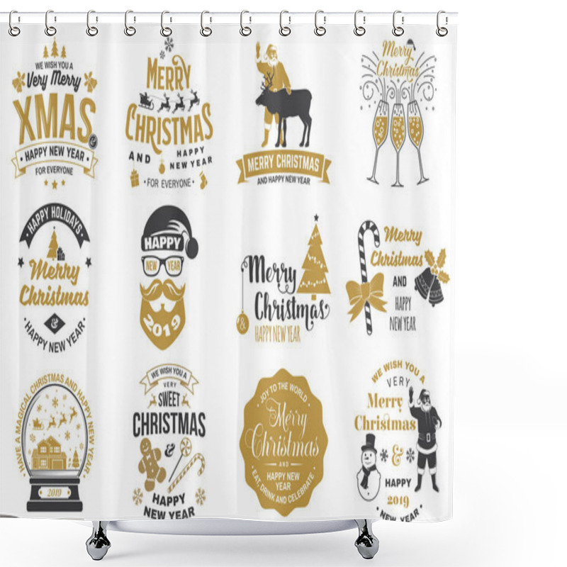 Personality  Set Of Merry Christmas And Happy New Year Stamp, Sticker Set With Snowflakes, Hanging Christmas Ball, Santa Hat, Candy. Shower Curtains