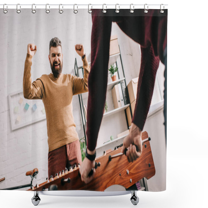 Personality  Adult Man Cheering With Arms In Air And Playing Table Football Game With Friend At Home Shower Curtains