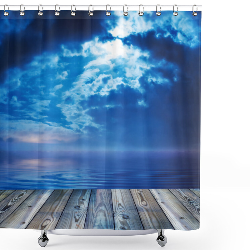 Personality  Deck View Of A Ocean Or Lake During Twilight Shower Curtains