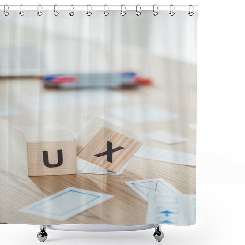 Personality  Selective Focus Of Cubes With Ux Letters And Website App Layouts On Wooden Table Shower Curtains