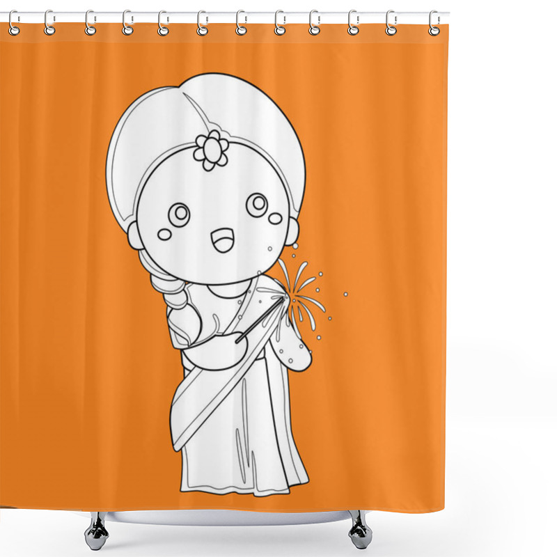 Personality  Diwali India Deepavali Traditional Costume Fashion Culture Kids Girl Couple Holiday Celebration Cartoon Digital Stamp Outline Shower Curtains