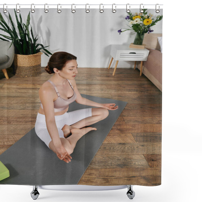 Personality  A Woman In A Crop Top Practices Yoga And Meditation On A Mat In A Contemporary Apartment. Shower Curtains