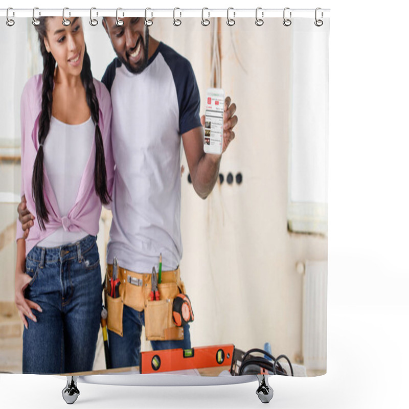 Personality  Couple Holding Smartphone With Airbnb Website On Screen During Renovation Shower Curtains