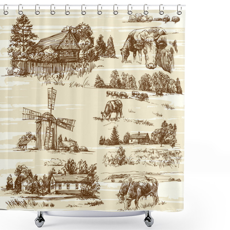 Personality  Farm, Cows, Rural Landscape - Hand Drawn Set Shower Curtains