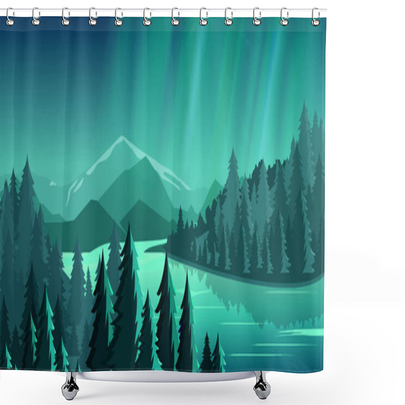 Personality  Vector Illustration Of Beautiful View With Forest, Mountains, Lake And Aurora Blue Sky With A Lot Of Star, Northern Lights. Travel Concept, Exploring The World. Shower Curtains